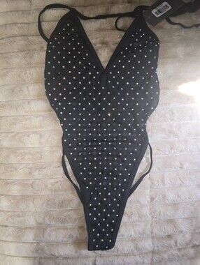 Studded Black One-Piece Swimwear with V-Neck